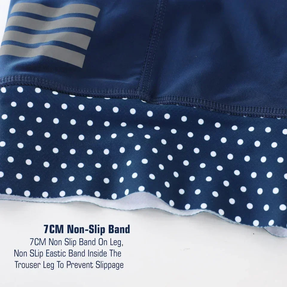 Close-up of 7cm non-slip band on blue men's cycling bib shorts leg with white polka dots and elastic grip to prevent slipping