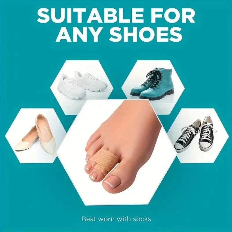 Reusable Hammer Toe Straightener worn on toe, suitable for use with various shoes including sneakers, boots, flats, and casual shoes.