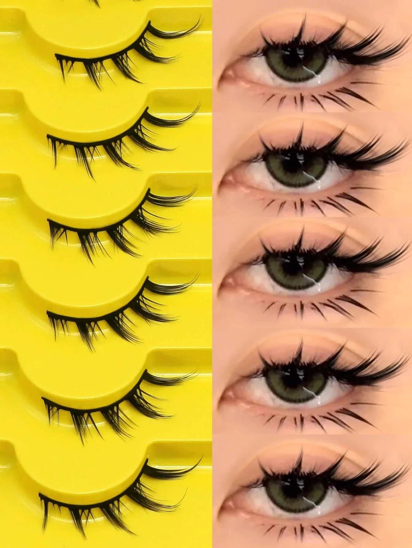 GROINNEYA Cat Eye Lashes displayed on yellow trays and applied on eyes showing natural 3D faux mink voluminous cat eye effect