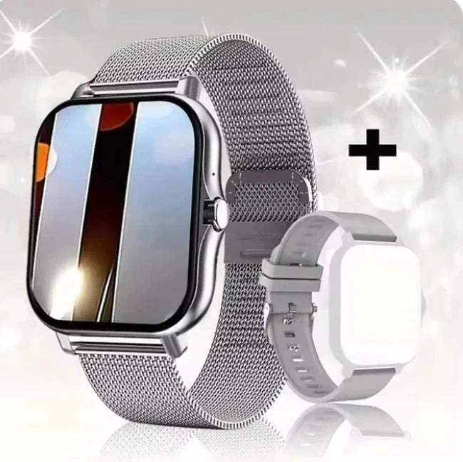 KESHUYOU 2025 Smart Watch with sleek silver mesh band and additional white sports strap displayed against a soft background