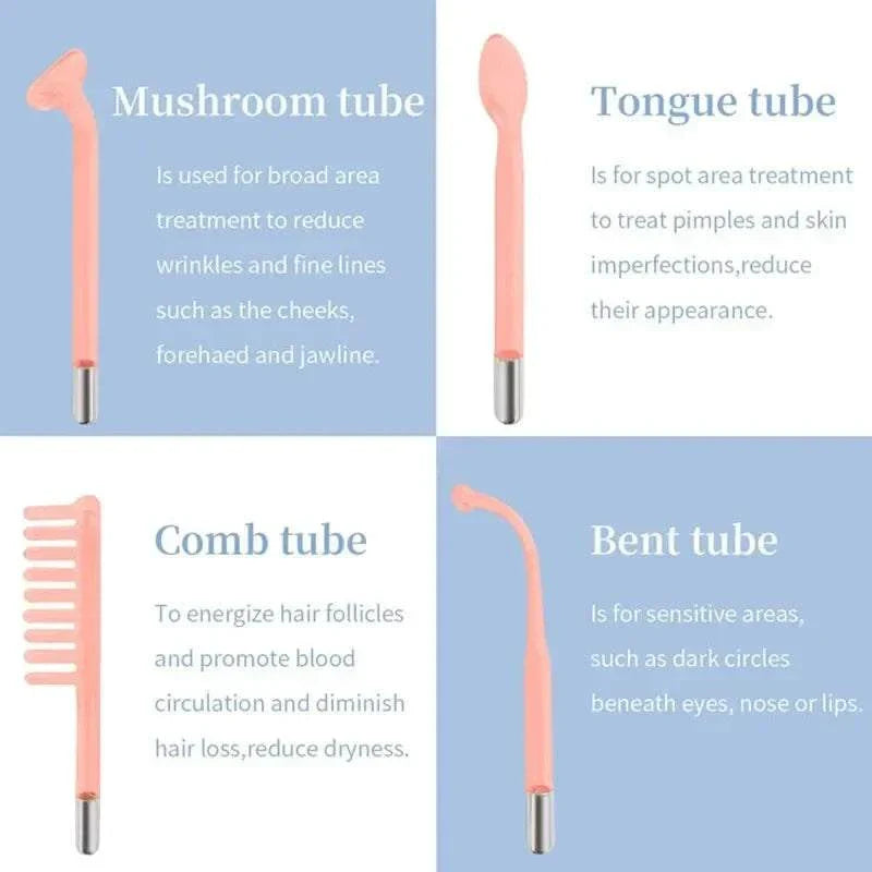 4-in-1 handheld electric facial therapy wand with mushroom, tongue, comb, and bent tubes for acne, wrinkle reduction, hair stimulation, and sensitive skin treatment
