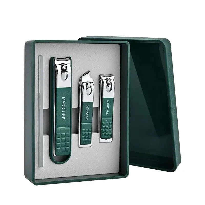 Compact nail clipper set with ergonomic green handles, stainless steel construction, and sleek storage box for manicure and pedicure care.