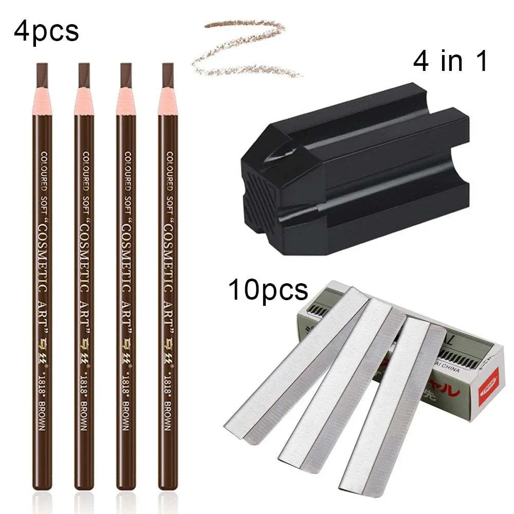 Eyebrow pencil and sharpener set with 10 precision trimmer blades for grooming and shaping brows.