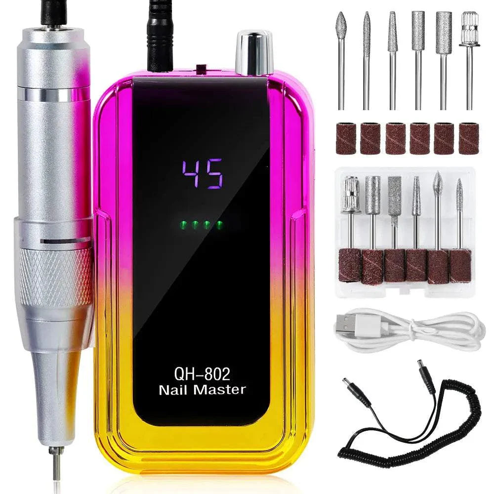 Rechargeable nail drill machine with laser gradient design, 45000RPM speed, USB charging, and complete set of drill bits and sanding bands for professional manicure and pedicure.