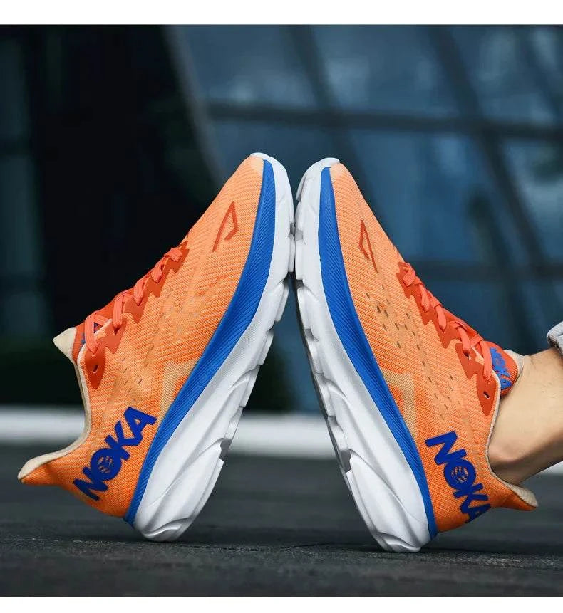 Orange and blue Carbon Plate Air Cushion running shoes with lightweight breathable mesh and durable rubber outsole for enhanced speed and comfort