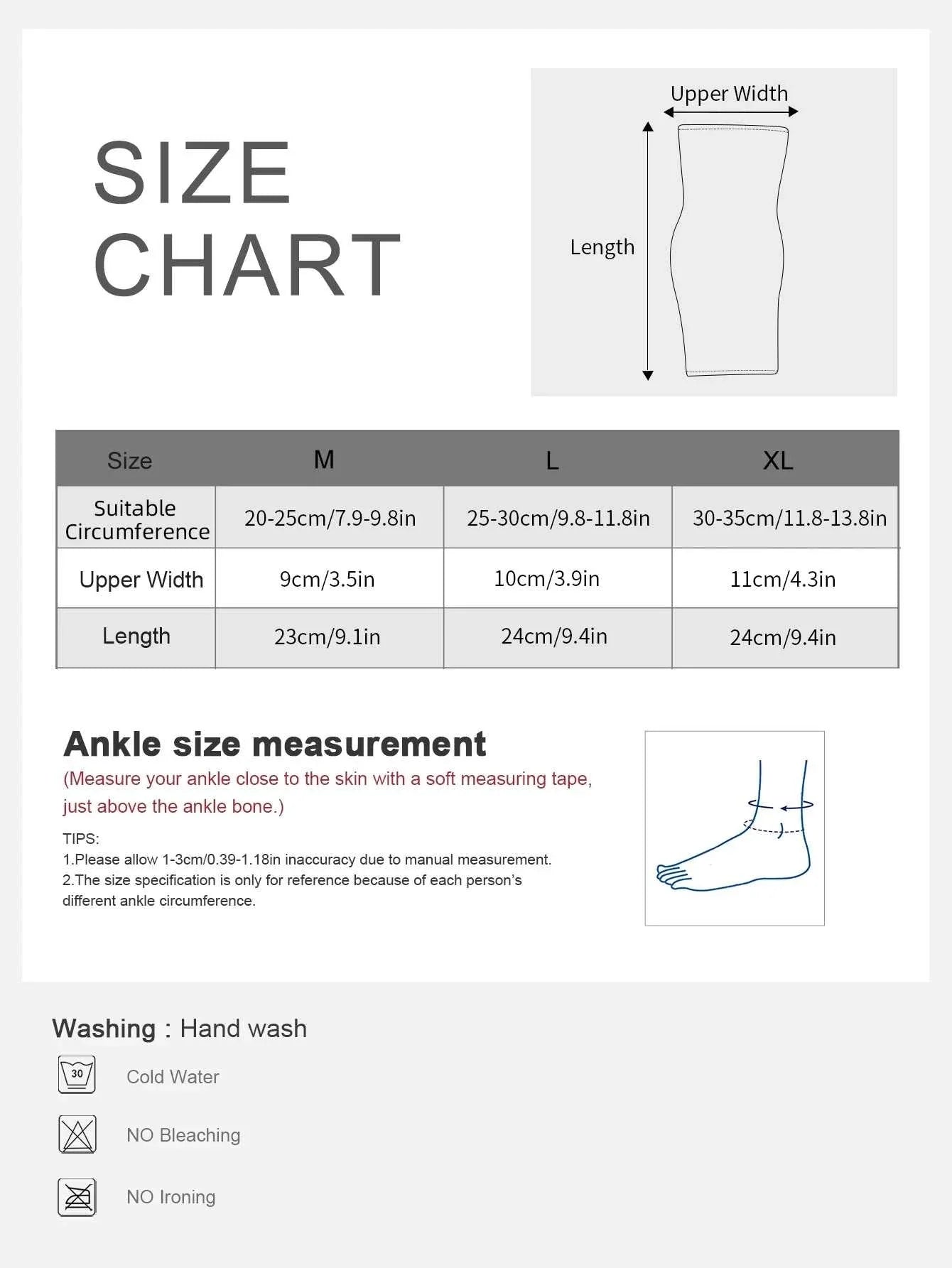 Size chart for elastic breathable ankle support brace showing measurements for medium, large, and extra-large sizes with instructions for ankle size measurement and washing care.