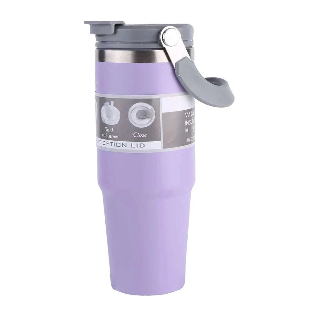 30oz purple vacuum insulated cup with handle and leak-resistant lid for hot and cold beverages