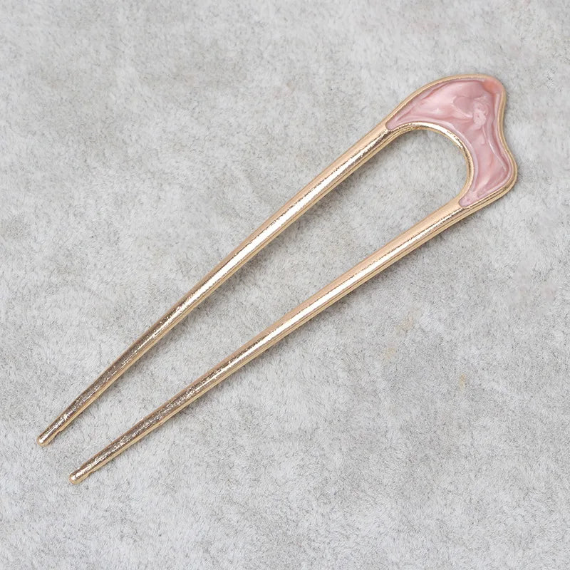 Elegant New Pearl U-Shaped Hairpin with pink shell detail on gray background