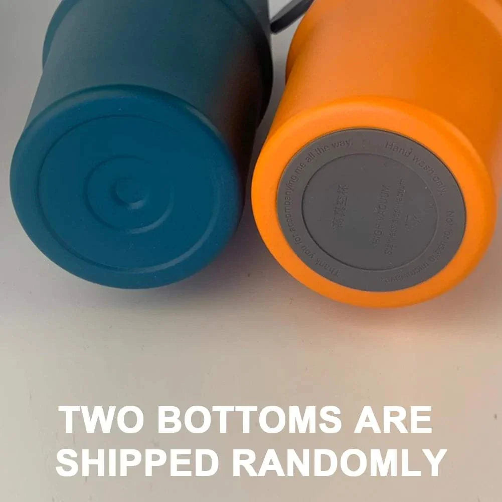 Two 30oz vacuum insulated cups with handles in teal and orange colors shown from the bottom, featuring stainless steel double-layer construction for hot and cold beverages.