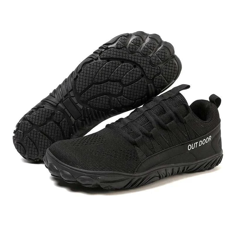 Black breathable new hiking shoes with barefoot design, wide fit, slip-on ease, and durable traction sole for outdoor and indoor use.