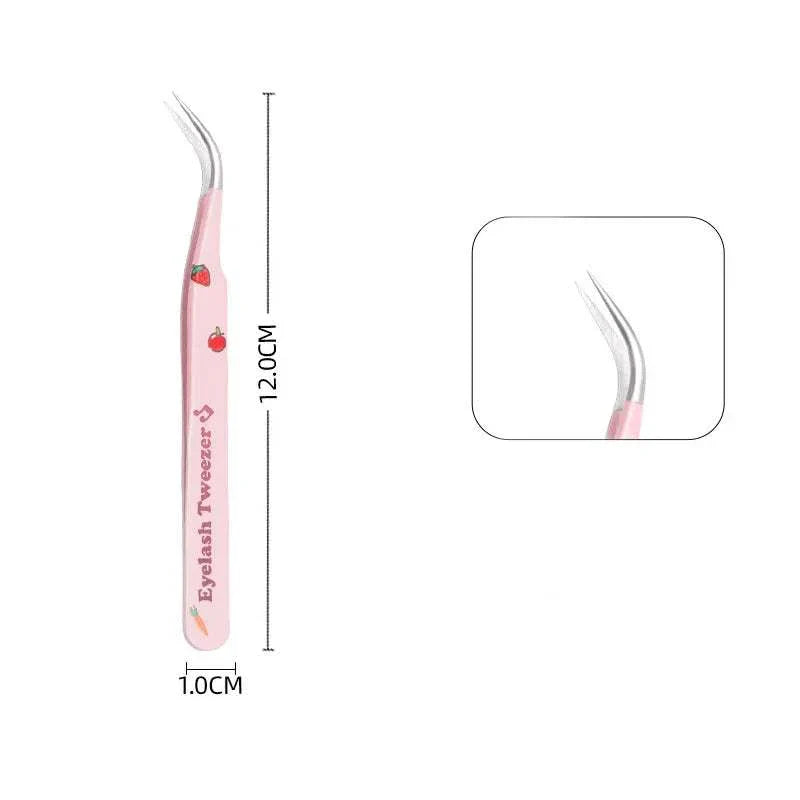 Pink curved false eyelash tweezer with ergonomic design and stainless steel tip measuring 12 cm length.