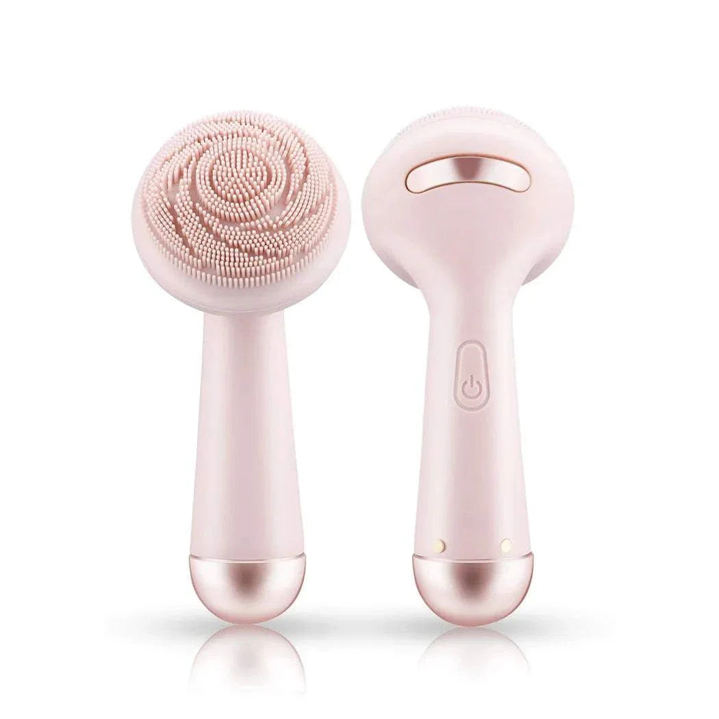 Electric silicone facial brush with soft bristles and vibration for deep pore cleansing and massage in pink