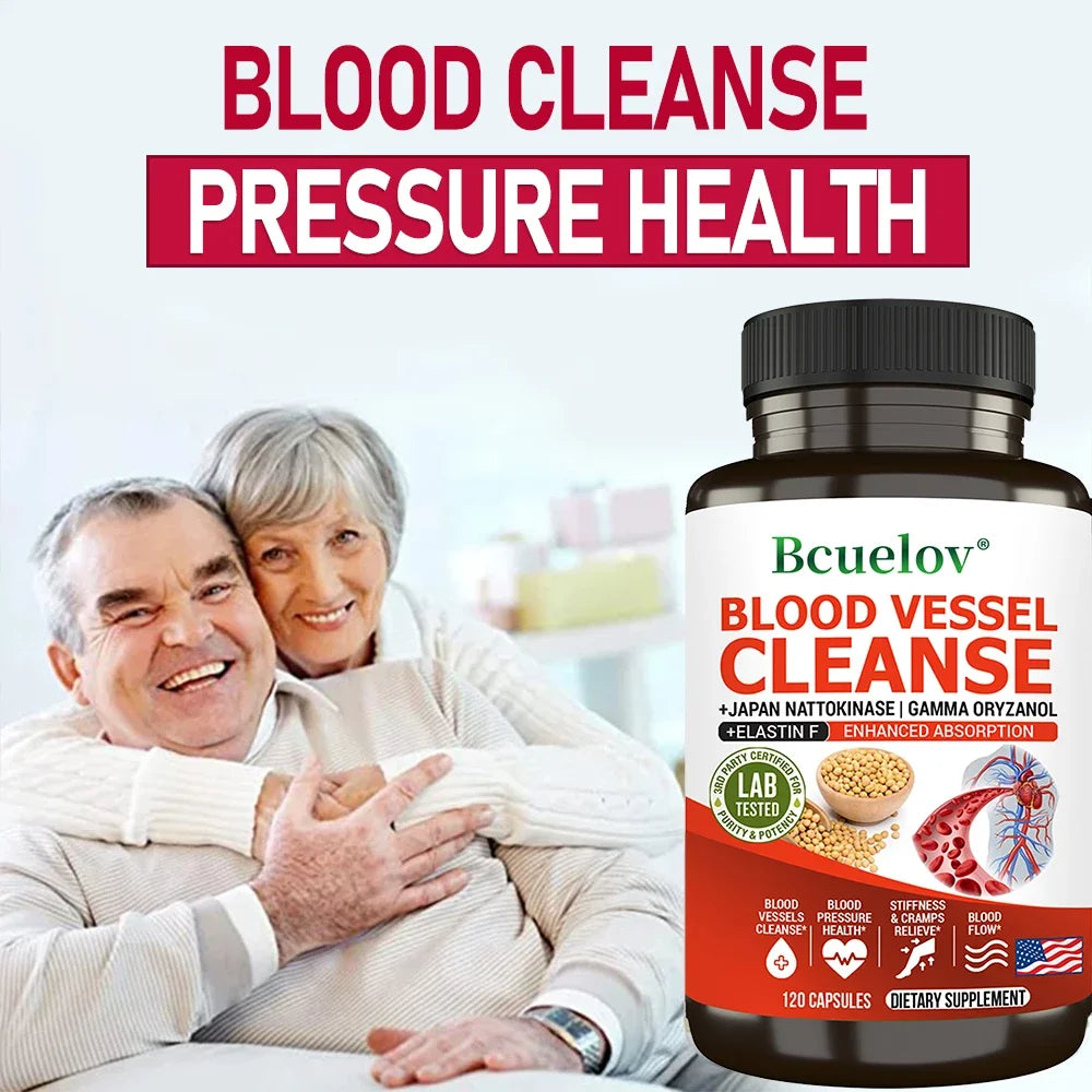 Vascular Cleansing Supplement bottle with elderly couple promoting blood vessel cleanse and pressure health benefits