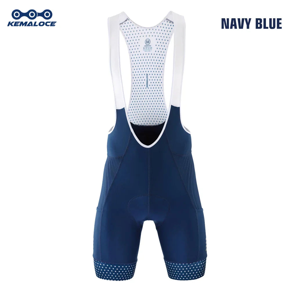 KEMALOCE navy blue men’s cycling bib shorts with 5D gel padding and breathable compression fit