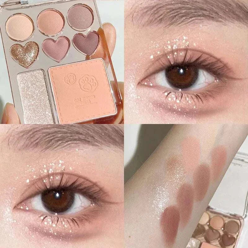 8-color pink orange eyeshadow palette with heart shapes, shimmer, and matte shades, shown with eye makeup looks and swatches on arm