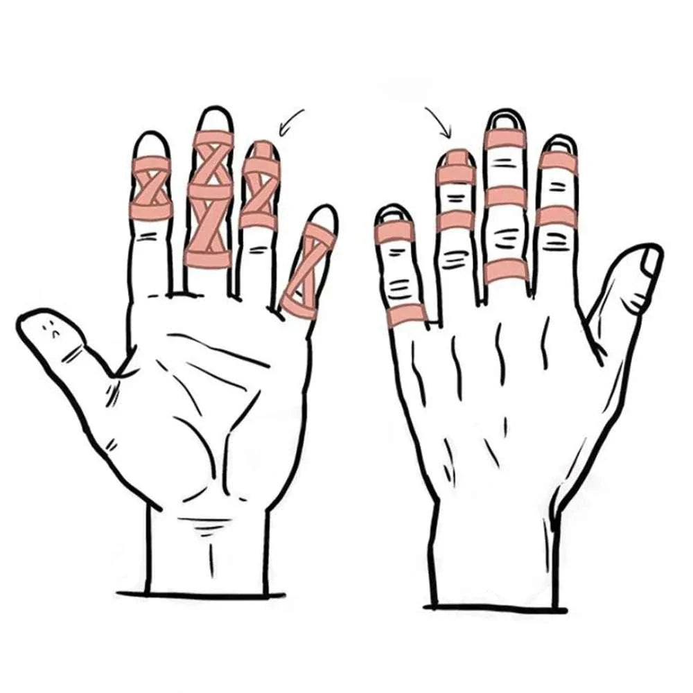 Illustration of hands with Jiu-Jitsu bandage elastic finger tape applied for joint protection and grip support in martial arts training
