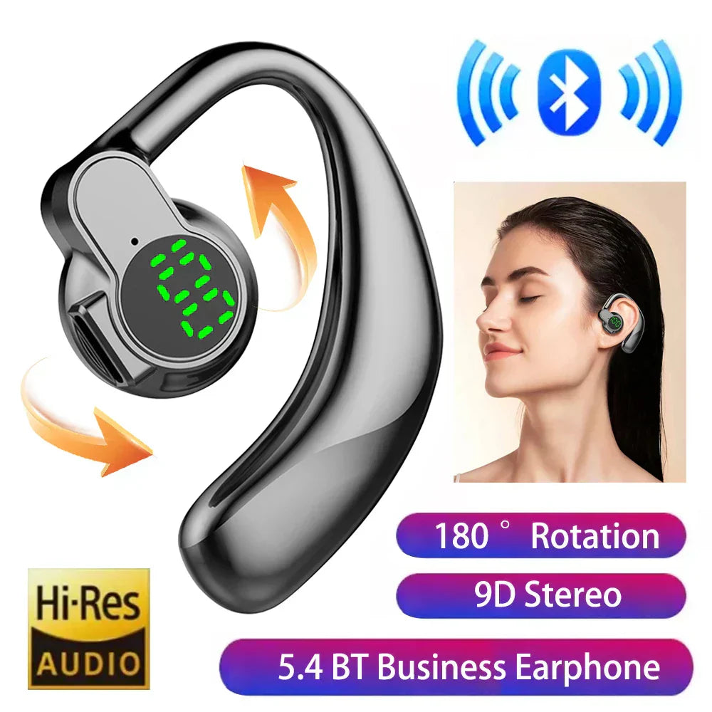 180° Wireless Headphone with Bluetooth 5.4, rotatable earhook, noise-canceling mic, digital display, and ergonomic single-ear design