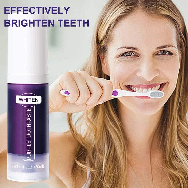 5D Teeth Whitening Stick effective teeth brightening with easy-to-use purple toothpaste applicator and smiling woman brushing teeth