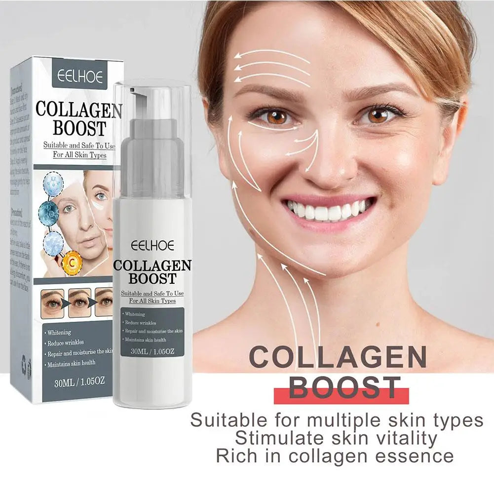 Collagen Boost Firming Essence Cream bottle with packaging and smiling woman demonstrating skin firming and anti-aging effects.