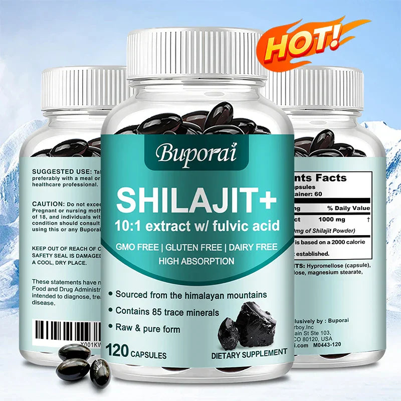 Buporai Shilajit+ dietary supplement capsules with 10:1 extract and fulvic acid, boosting cognitive health, energy, immunity, and vitality.