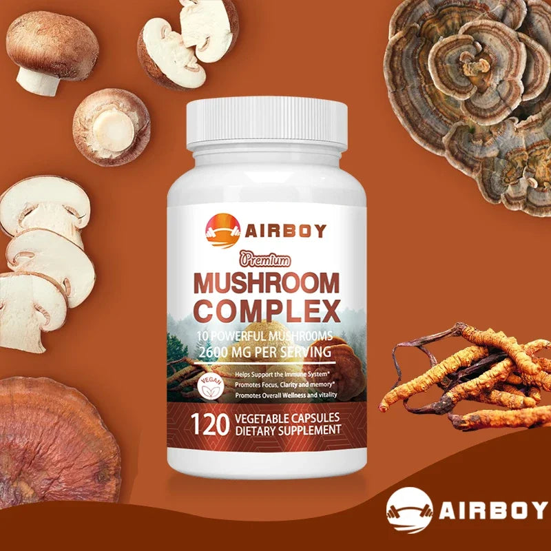 Airboy Mushroom Complex Capsules dietary supplement with 10 powerful mushrooms for brain support, focus, energy, and immune health