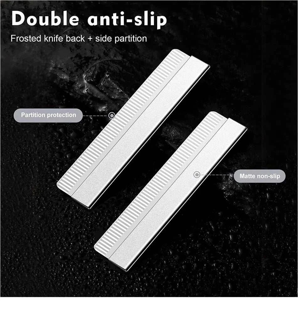 Double silver eyebrow trimmer blades with frosted knife back and side partition for non-slip grip and protection.