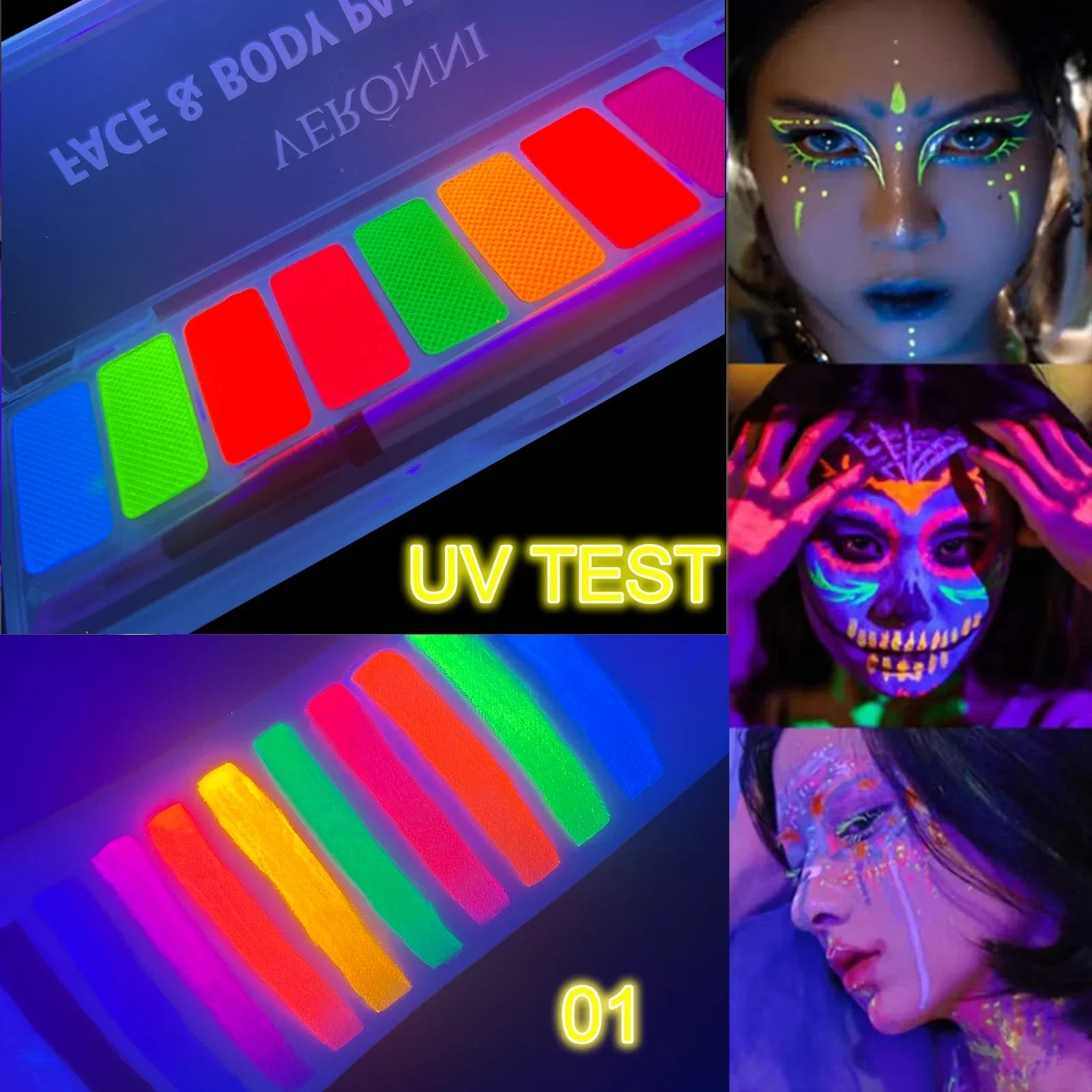Glow fluorescent neon oil face and body paint palette with vibrant UV reactive colors glowing under blacklight and examples of neon body art designs