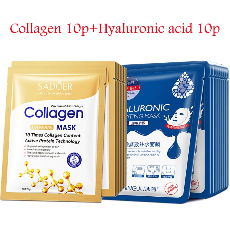 Set of 20 hyaluronic acid and collagen face masks for deep hydration and skin firming