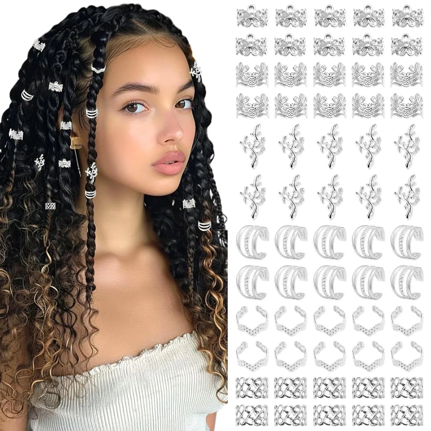 60PCS gold hair jewelry accessories for braids and locs with various designs on model's braided hair