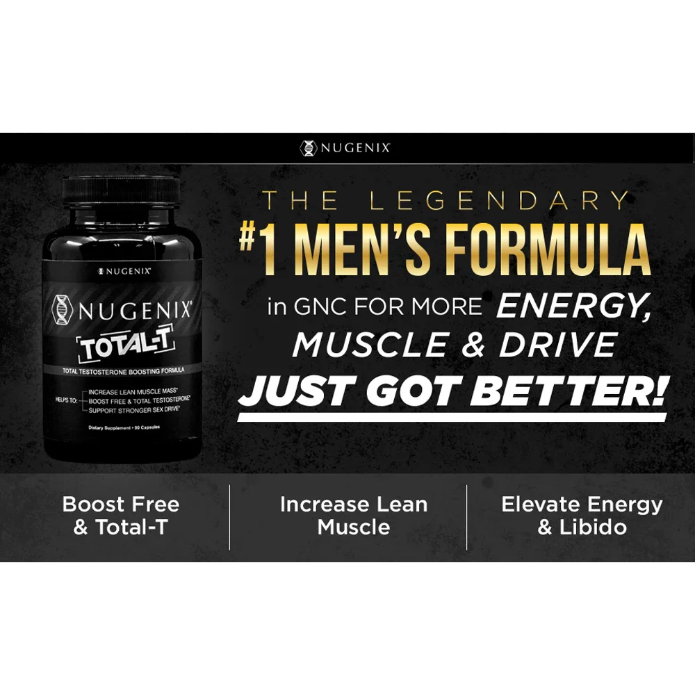 Bottle of Nugenix Total-T men's supplement with text highlighting energy, muscle, and drive support for lean muscle increase and libido elevation