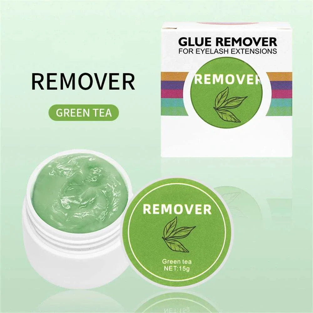 Green tea eyelash glue remover cream in a 15g jar with professional Korean formula for safe and gentle removal of eyelash extensions.