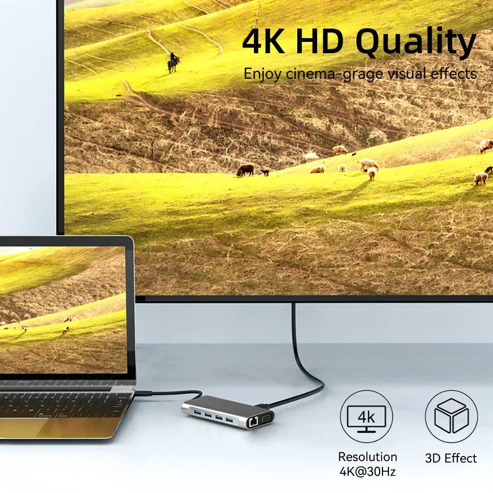 11-in-1 USB-C Docking Station connecting laptop to 4K monitor with multiple ports for high-speed data transfer and charging
