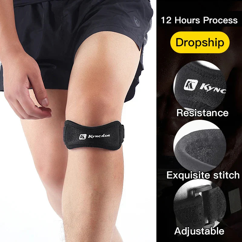 Adjustable silica gel knee tendon strap protector with hook-and-loop closure on athlete's leg for knee support and injury prevention