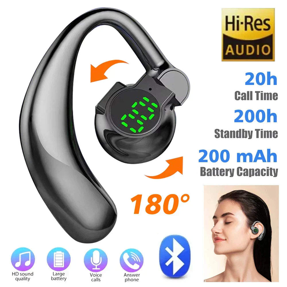 180° Wireless Headphone with Bluetooth 5.4, rotatable earhook, noise-canceling microphone, digital LED battery display, and ergonomic single-ear design