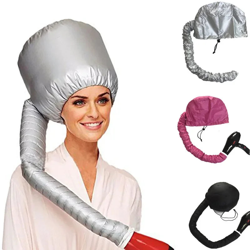 Portable Hair Bonnet Dryer Cap in silver, pink, and black with adjustable drawstring for deep conditioning and quick drying