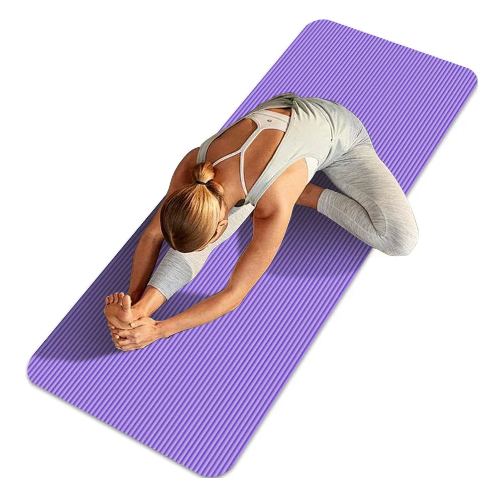 woman stretching on purple non-slip yoga mat with textured surface and thick cushioning