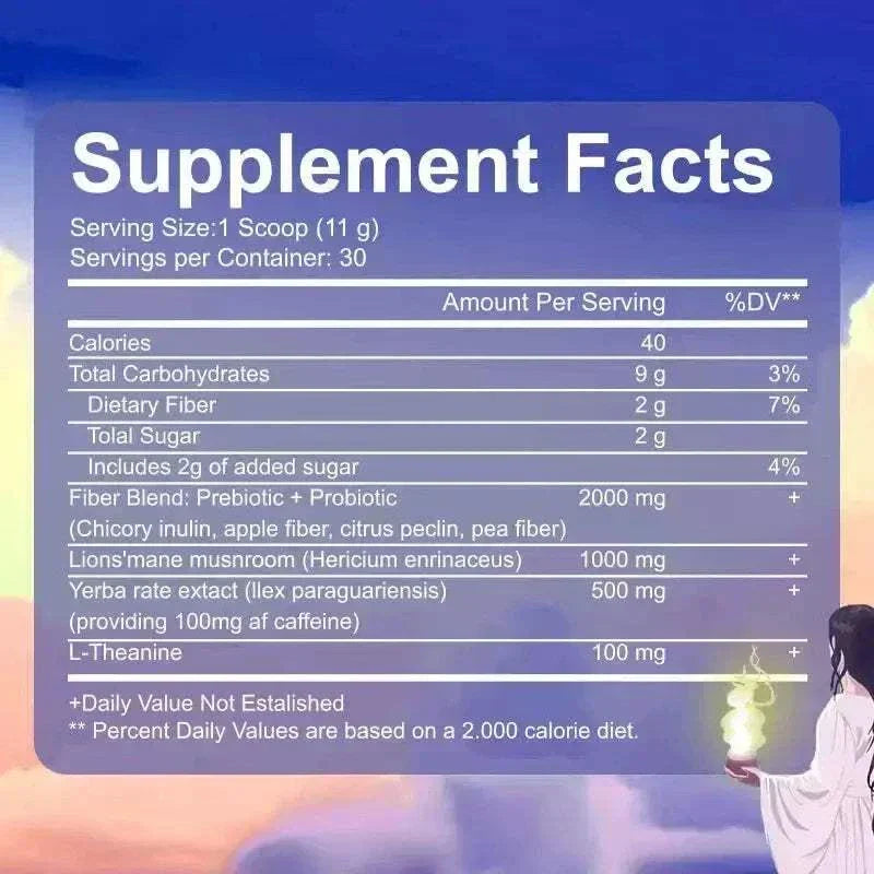 Nutrition facts label for YERMA MAGIC Instant Yerba Mate Powder showing serving size, calories, fiber blend, herbs, caffeine content, and L-Theanine amount