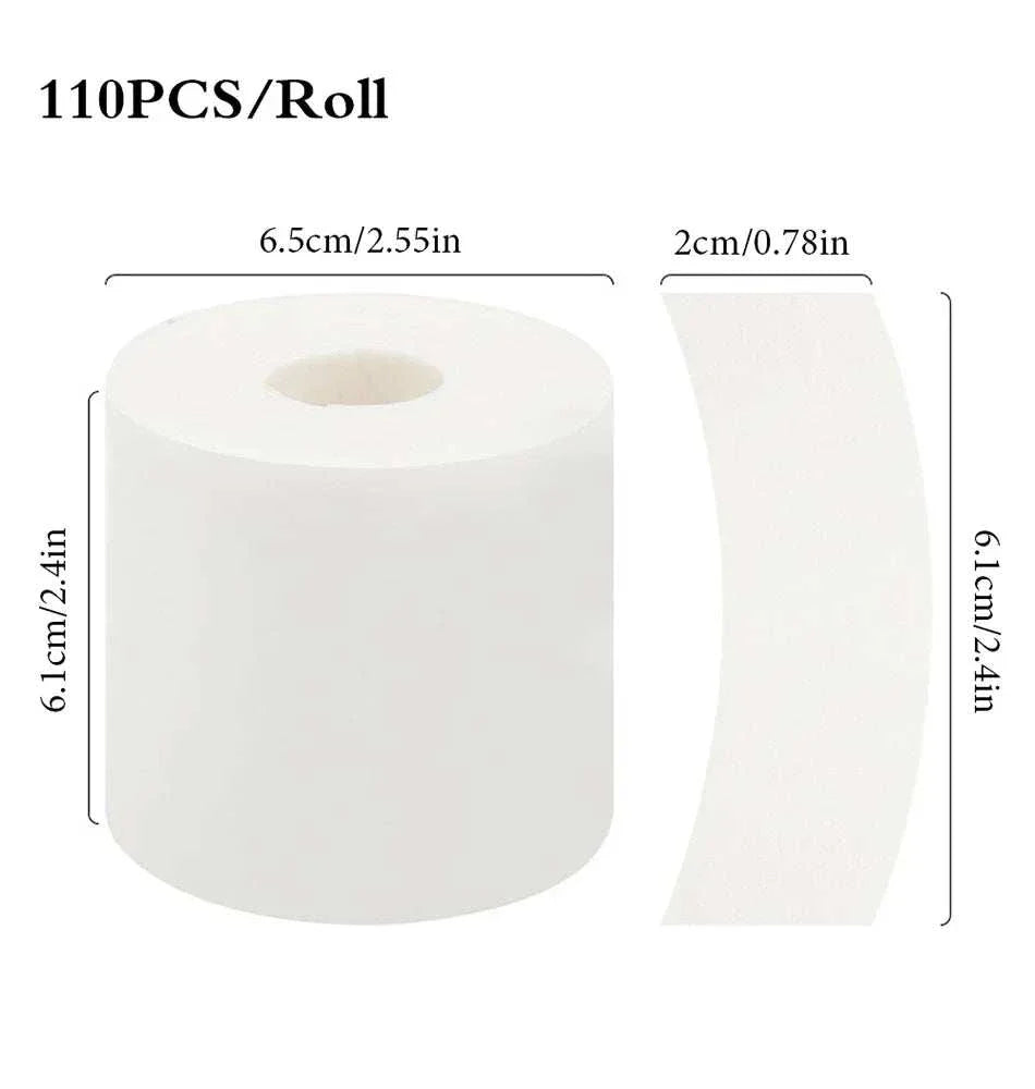 110pcs roll of white foam eye tapes for eyelash extensions and makeup application with dimensions 6.1cm x 6.5cm roll and 6.1cm x 2cm pre-cut strips.