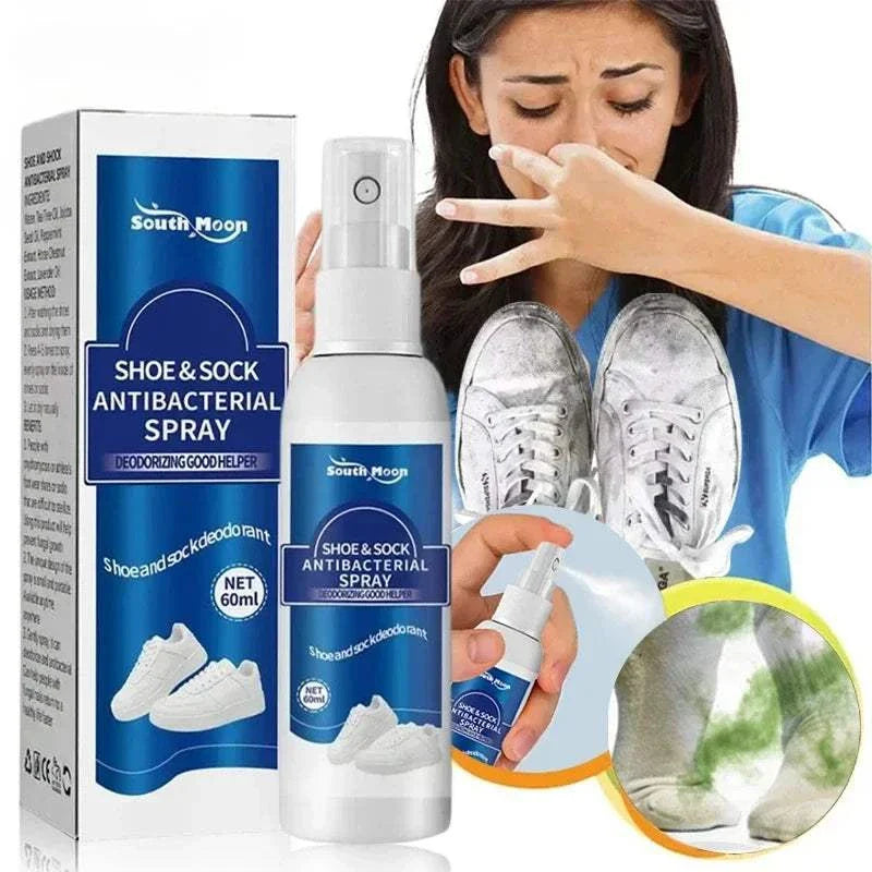Shoe and foot odor removal antibacterial spray bottle with packaging, shown with smelly shoes and person holding nose.