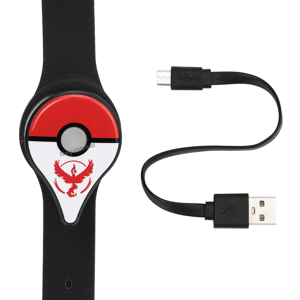 Auto Catch Powermon Go Plus smart Bluetooth wristband with Poké Ball design and USB charging cable for hands-free Pokémon GO play
