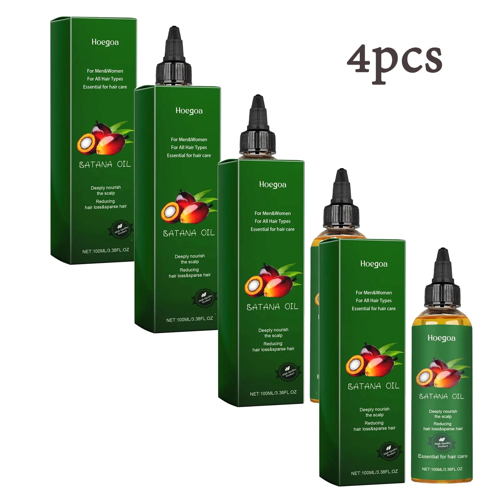 Set of four Hoegoa Batana Nourishing Hair Oil bottles with green packaging for hair care and scalp nourishment