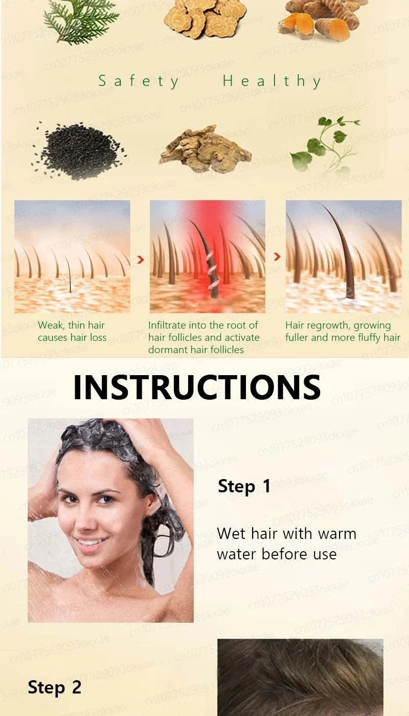 Hair Growth Treatment infographic showing natural ingredients, hair follicle stimulation process, and application instructions with woman wetting hair using warm water.