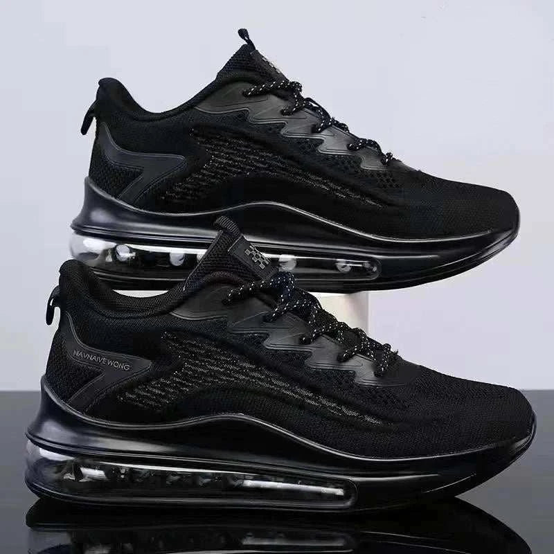 Men's black casual running shoes with breathable mesh upper, air cushion sole, and durable outsole grip for comfort and style