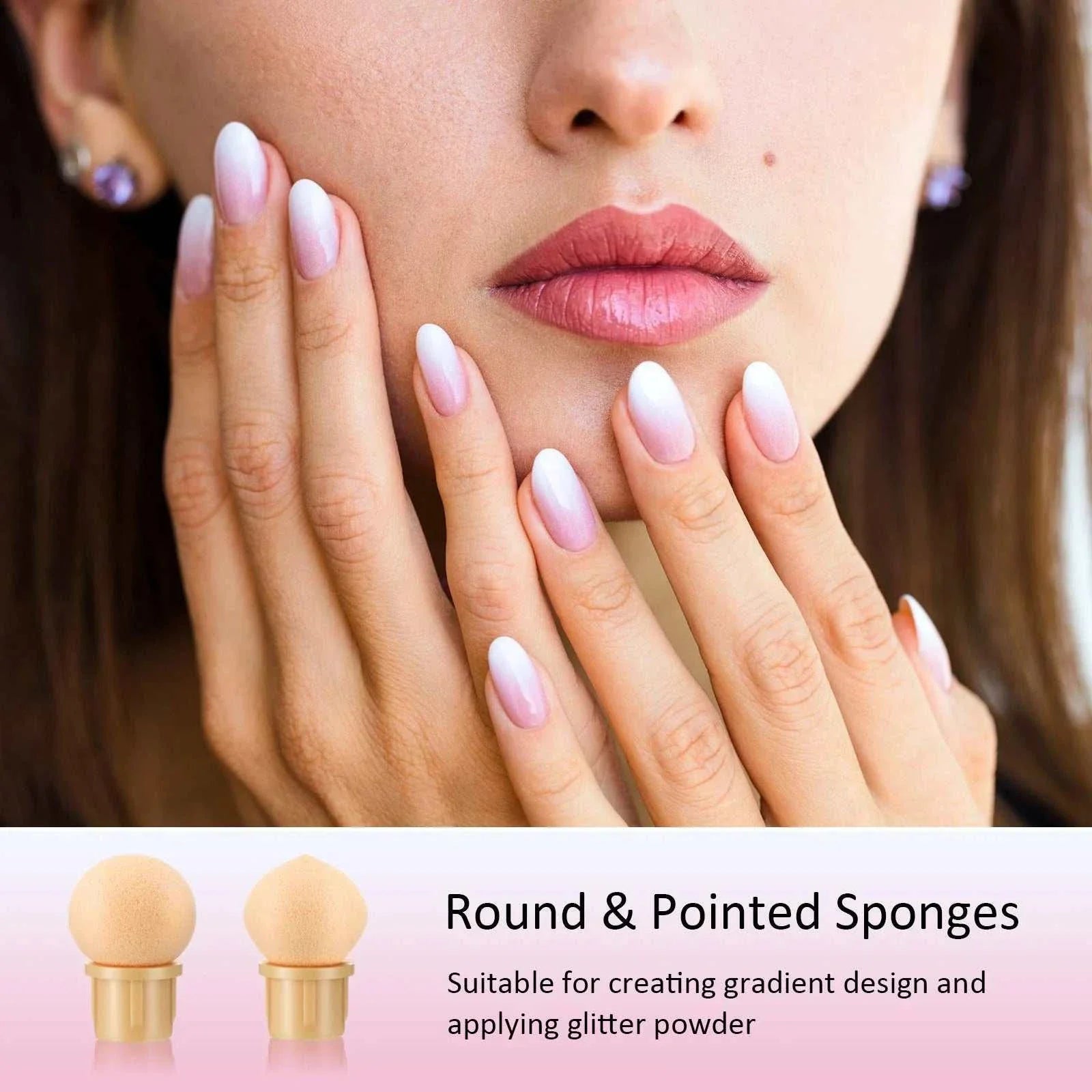 Close-up of hands with gradient ombre nails showcasing double-headed sponge nail art brush for creating smooth color transitions and precise dotting designs