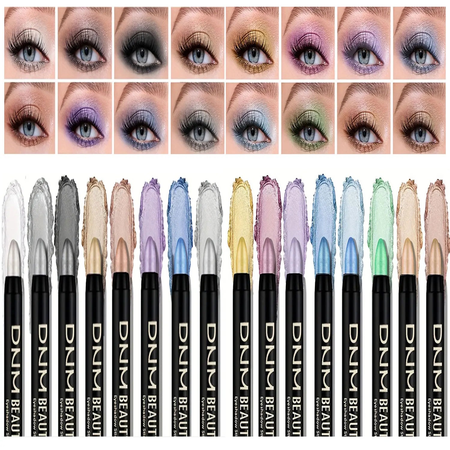 16-color pearlescent glitter eyeliner set with metallic, neon, and shimmer shades showing eye makeup looks and precision tip eyeliners