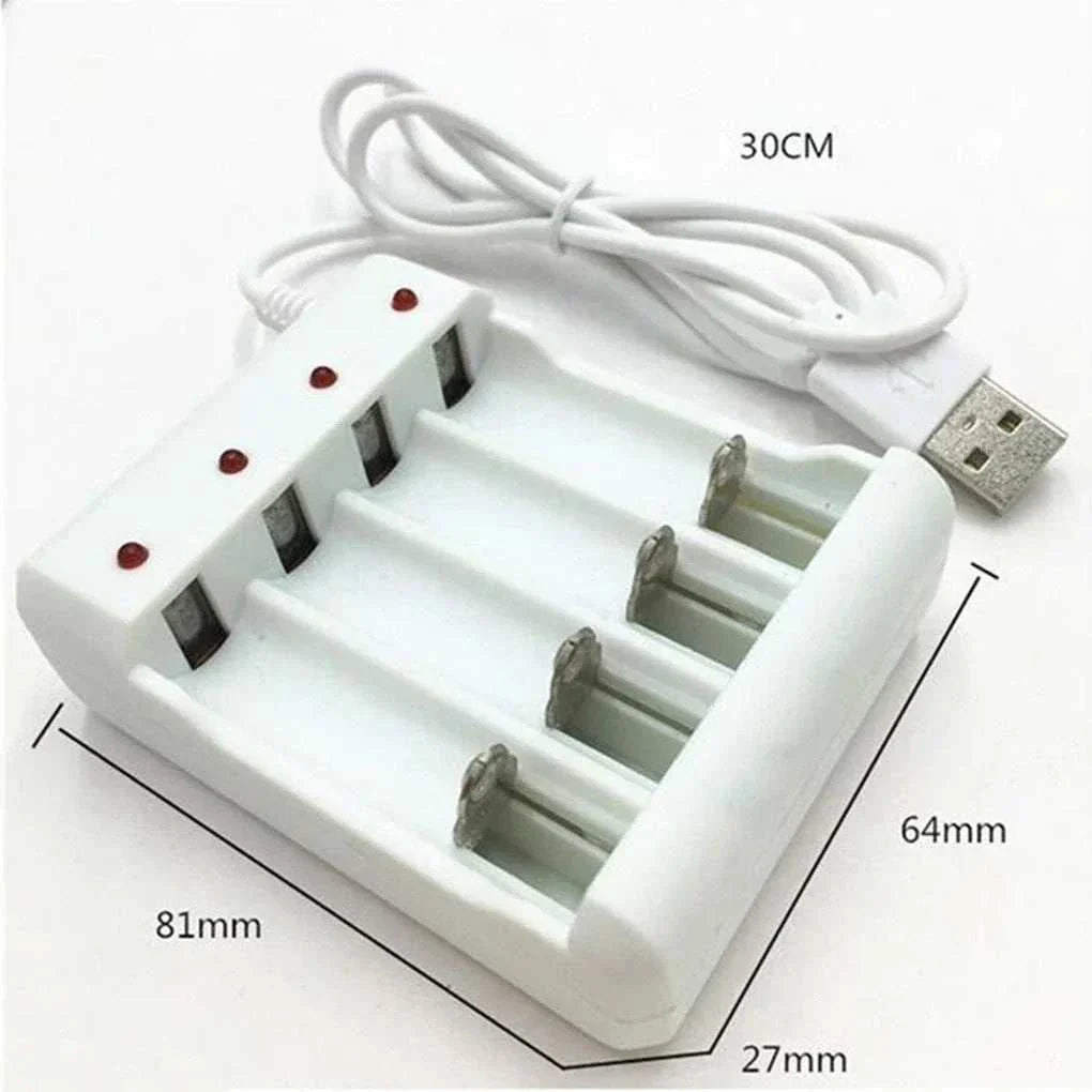 High-speed USB rechargeable 3/4 slot battery charger for AA and AAA batteries with LED indicators and USB cable.