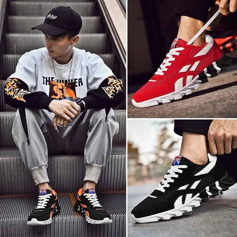2025 new men's and women's running shoes in red and black with breathable mesh and anti-slip sole, shown worn by a man sitting on stairs