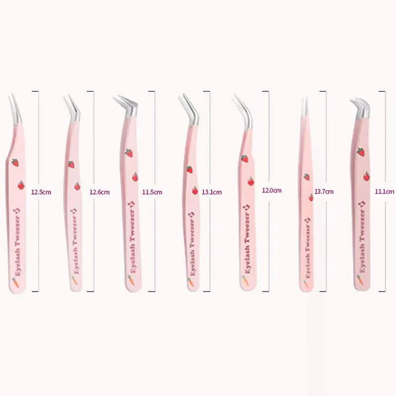 Set of 6 pink false eyelash tweezers in various curved, straight, and angled styles with strawberry accents and measurements.