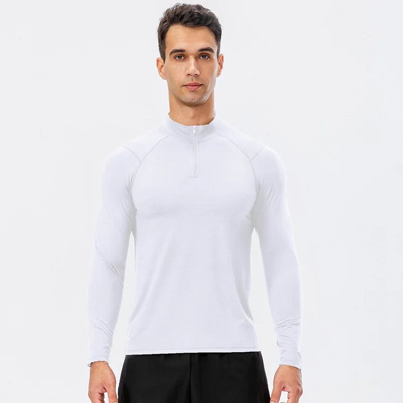 Men's Autumn Fitness long-sleeved quick-dry slim-fit running top with half-zip collar for training and casual wear