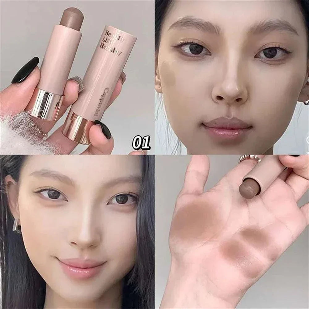 Moisturizing matte concealer contour stick shown in hand, applied on face for contouring and highlighting, and swatched on skin for smooth, natural finish